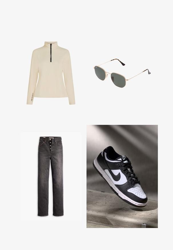 Bež villane koot jacket kõrge kaeluse, poole tõmbluku esise ja musta bränditud tõmblukuga. Vasakul varrukal on "Polartec" logo. Sile tekstuur.; Musthave musta kõrge vöökohtadega teksad sirge säärega, valmistatud denimist. Omab nööpvidinat, vasevärvi aksessuaare ja kontrastset õmblust.; Mustvalge Nike Dunk Low tossud nahast ülaservaga, perforatsioonidega varbakoht ja mustad kengid, valge tallaga ja logo aktsentidega.; Kuldne metallraamiga prillid tumeroheline lensega, piloot-stiil, millel on õhukesed käepidemed ja kilpkonna mustriga aktsendid otstes.; Mustmelne kott geomeetrilise mustriga, valmistatud tekstureeritud materjalist. Omab tugevaid käepidemeid ja sildikest, struktureeritud kuju.