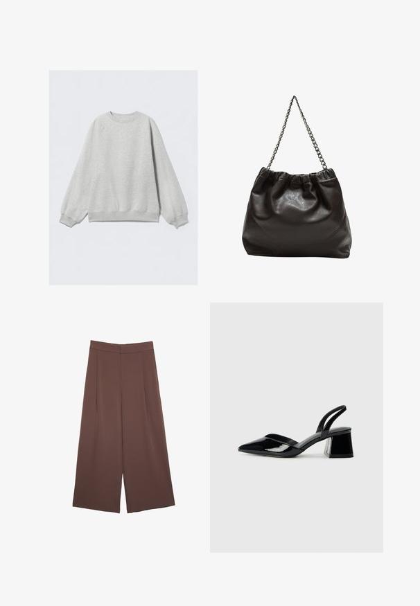 Felpa grigia chiara con collo a giro, maniche raglan e polsini e orlo a coste. Texture liscia senza motivi o dettagli visibili.; Pantaloni ampi marroni con una texture liscia, caratterizzati da una vita alta e pieghe frontali. Il tessuto è leggero e scorre liberamente.; Décolleté in vernice nera con punta affusolata e tacco in geometria cubica. Presentano un design elegante e minimalista, con una texture liscia.; Borsa in pelle marrone con parte superiore arricciata e tracolla a catena. Texture liscia con finitura lucida e dettagli di cucitura sottili sui lati.