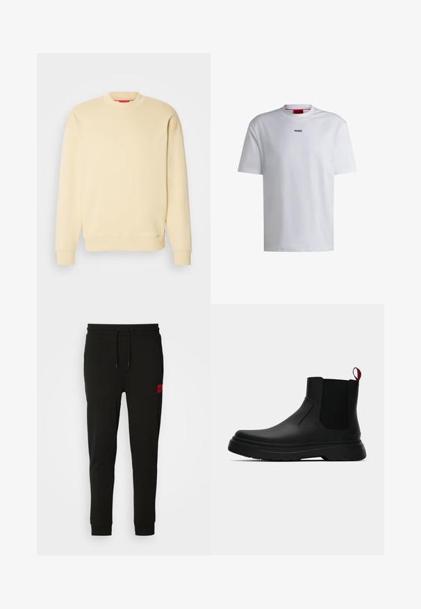 Világos sárga pulóver, kerek nyakkal, hosszú ujakkal és bordás mandzsettával. Kicsi, fehér "HUGO" logó található a mellkason. Simas texture.; Fehér, rövid ujjú, kerek nyakú pamut póló, fekete "HUGO" logóval a mellkason. Simára ölbe simuló anyag, laza fazon, minta nélkül.; Fekete melegítőnadrág puha anyagból, húzózsinóros derékkal, slim fit kialakítással, és egy piros logóval a bal combon.; Fekete bokacipő sima felülettel, ruganyos oldalsó panelek és kontrasztos piros húzópánt jellemzi, vastag gumitalppal és lekerekített orral.