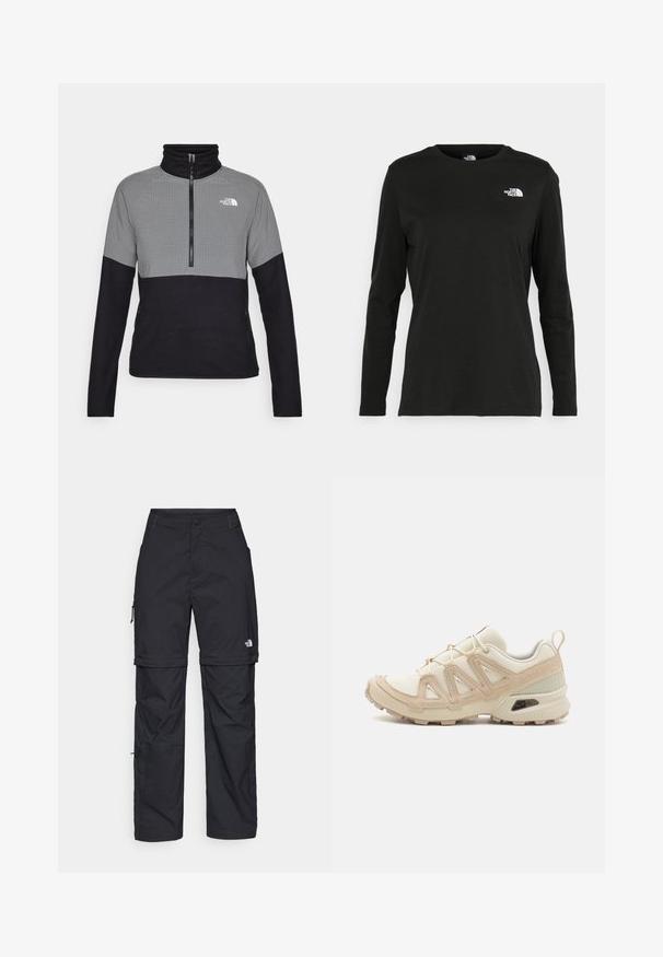 Pūkinis džemperis pilkos ir juodos spalvos, su užtrauktuku, aukštu apykaklės dizainu, kvadratiniais raštais viršutinėje pusėje ir šoninėmis kišenėmis.; Juodas ilgomis rankovėmis medvilninis marškinėliai su apvali apykakle. Savybė - mažas baltas logotipas kairėje krūtinės pusėje. Paprastas dizainas ir pritaikymas.; Juodos nailoninės krovinių kelnės su reguliuojamais rankovėmis, daugybe kišenių ir logo ant dešinės kojos. Lygi, lengva tekstūra.; Bežinės ir kreminės spalvos sportinės bateliai su tekstūruoto tinklelio viršutine dalimi, palaikančiomis detalėmis ir guminiais padais, turinčiais raštą, užtikrinantį sukibimą.