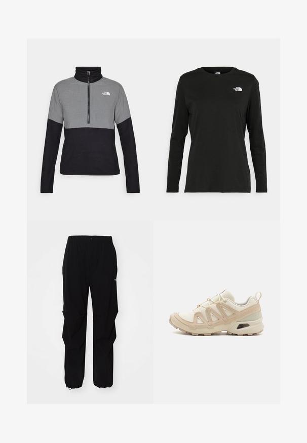 Szürke és fekete gyapjúpulóver, cipzárral, magas gallérral, a felső részén rácsos mintával, oldalzsebekkel.; Fekete, hosszú ujjú póló pamutból, kerek nyakkal. A bal mellrészen egy kis fehér logó található. Egyszerű dizájn és szabás.; Fekete kültéri nadrág, tartós anyagból készült, laza fitnesz, rugalmas derékpánttal és állítható hosszúságú, behúzható szárakkal rendelkezik.; Beige és krém színű sportcipő, texturált hálós felsőrésszel, támogató burkolattal és gumitalppal, amely tapadás érdekében bordázott mintázattal rendelkezik.