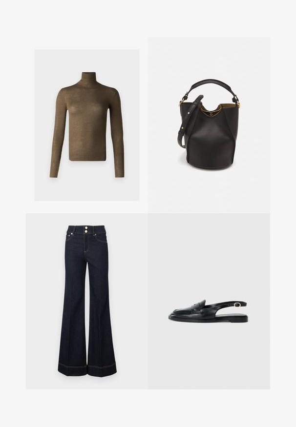 Tiger of Sweden CAPRIO - Jumper - october sage; Dark blue high-waist wide-leg jeans with front pockets, two visible buttons, and yellow stitching details.; Black leather slingback shoe with a rounded toe, flat sole, side cutout, and strap featuring a gold-tone hardware detail.; Black leather bucket bag with a textured finish, gold hardware accents, and an open top. Features a short handle and adjustable shoulder strap.