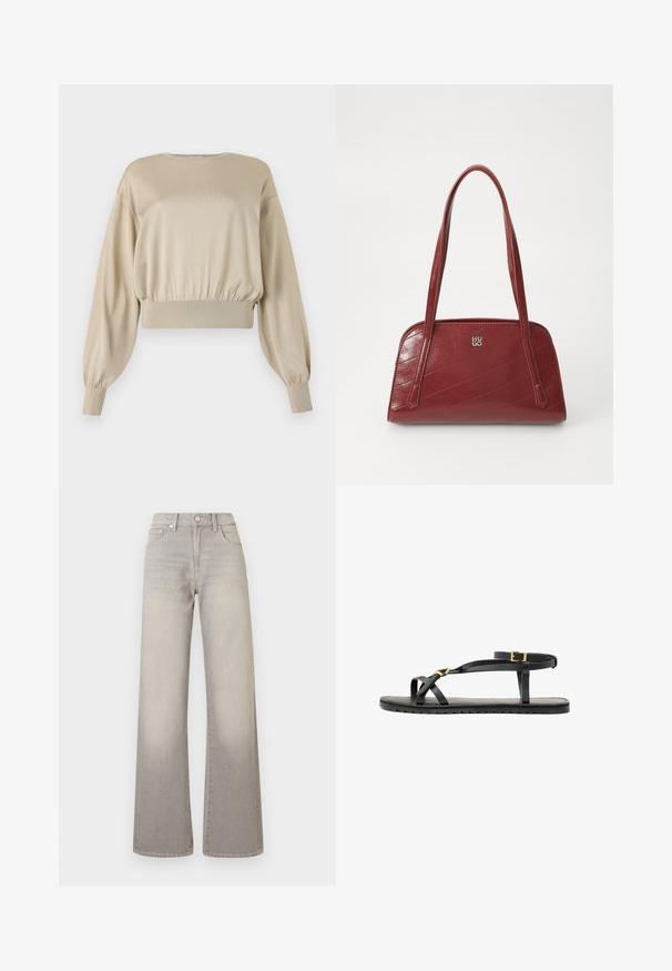 Béžová zkrácená mikina s dlouhými balónovými rukávy; hladká textura; žebrovaný spodní lem a manžety; minimalistický design, kulatý výstřih.; Šedé široké džíny s vybledlým vzhledem, zapínání na knoflík, pět kapsičkový design a prošívání podél švů.; Černé kožené sandály s tenkými popruhy a přezkou kolem kotníku. Plná podrážka s texturovaným povrchem a cik-cak okrajem. Minimalistický design.; Červená prošívaná kabelka vyrobená z lesklého materiálu, se dvěma dlouhými uchy a akcentem stříbrného loga. Diagonální švy vytvářejí texturu.