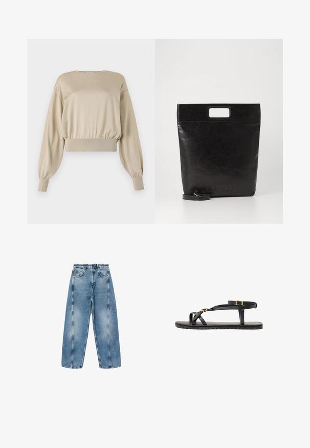 Béžová zkrácená mikina s dlouhými balónovými rukávy; hladká textura; žebrovaný spodní lem a manžety; minimalistický design, kulatý výstřih.; Svetle modré džíny mají volný střih, velké kapsy a kontrastní švy. Tkanina má vybledlý vzhled a hladkou texturu.; Černé kožené sandály s tenkými popruhy a přezkou kolem kotníku. Plná podrážka s texturovaným povrchem a cik-cak okrajem. Minimalistický design.; Černá kožená taška přes rameno se čtvercovou rukojetí, s texturovaným povrchem a embosovaným logem. Obsahuje odnímatelný popruh.