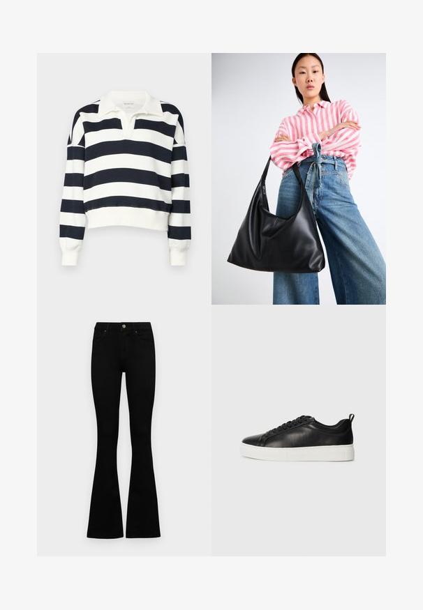 Abercrombie & Fitch ESSENTIAL JOHNNY - Ikdienas džemperis - cloud dancer/navy; Melni augsta jostas šorti ar pogu un rāvējslēdzēju, priekšējām kabatām un izplestām kājām, nolikti uz balta fona.; Melnas zemas ādas tenisa kedas ar melnām auklām un baltu biezas gumijas zoli, skatīšanās no ārējās puses uz balta fona.; Melnas ādas plecu soma ar vaļīgu formu un šuvju detaļām. Modelis valkā rozā un baltu svītrainu kreklu ar plaša kāju ziliem džinsiem.