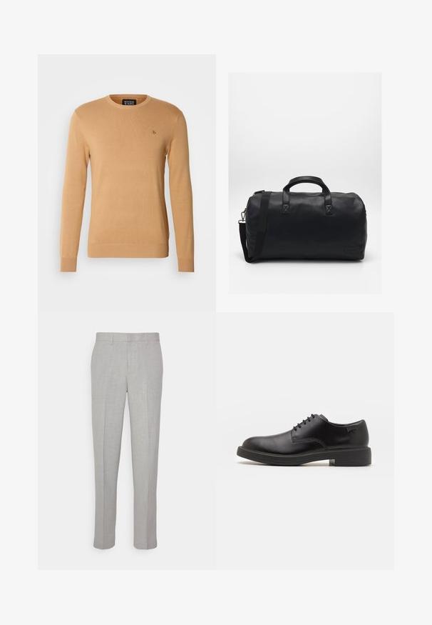 Beige Rundhalspullover aus weichem Strickmaterial, mit langen Ärmeln und einem kleinen, auf der Brust gestickten Logo.; Hellgraue Hose mit glatter Textur, flachem Front und geraden Beinen. Aus atmungsaktivem Material gefertigt, mit Innentaschen und Gürtelschlaufen.; Schwarzer Leder-Schnürschuh mit abgerundetem Zeh, glatter Textur, minimaler Naht und niedrigem Gummiabsatz. Logo auf der Ferse.; Schwarze Duffel-Tasche aus strukturiertem Kunstmaterial. Verfügt über zwei Griffe und einen verstellbaren Schultergurt. Einfaches Design ohne sichtbare Muster.