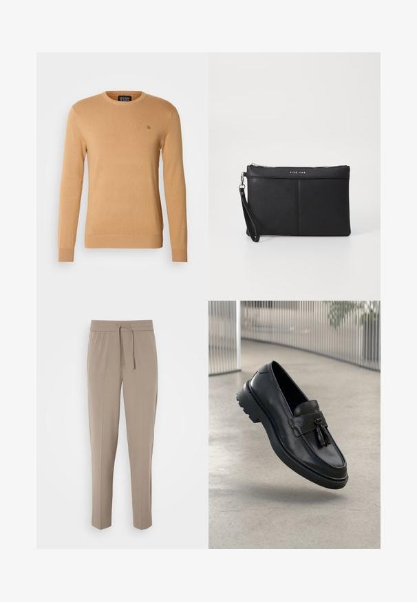 Maglione beige a girocollo realizzato in morbido materiale lavorato a maglia, con maniche lunghe e un piccolo logo ricamato sul petto.; Pantaloni beige chiaro con cintura elastica, cordoncino regolabile e gamba affusolata. Il tessuto appare liscio con una lieve lucentezza.; Mocassini in pelle nera con finitura liscia, nappe decorative, suola spessa in gomma e dettagli cuciti. Design leggero ed elegante.; Clutch sintetico nero con chiusura a zip, cinturino da polso e una texture liscia. Presenta cuciture sottili e un logo impresso sul davanti.