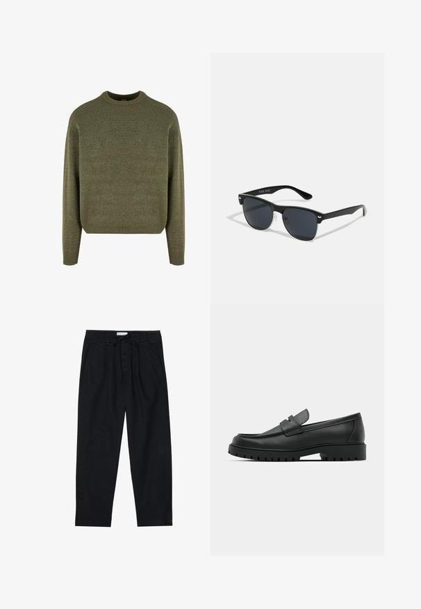 Zeleni džemper od vune s dodatkom, s okruglim izrezom, rebrastim manžetama i donjim rubom, te mekim, teksturiranim završetkom. Klasičan, opušten kroj s spuštenim ramenima.; Pier One Chino hlače - black; Crne kožne mokasine s zaobljenim vrhom, s ušivenim dizajnom, niskom platformom i teksturiranim, gumenim potplatom s izbočinama.; Crne sunčane naočale pravokutnog oblika, tamne leće, srebrni detalji na sljepoočnicama i matirajuća završna obrada okvira.