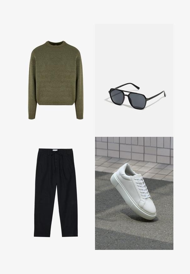 Roheline villa-seguste kudumiga sviiter, millel on ümar kaelus, soonikkoes mansetid ja äär, ning pehme, tekstureeritud viimistlus. Klassikaline, mugav lõige langetatud õlgadega.; Pier One Chino-püksid - black; Valge nahkline sneka, millel on sile pind, ümar varvas ja lame valge pael. Omab tekstuuriga kummist talla ja minimaalset kujunduselementi.; Mustad mustad prillid oktaalpäistega, tumedad läätsed, läikiv viimistlus, õhukesed templid ja kuldsed aktsendid ees.