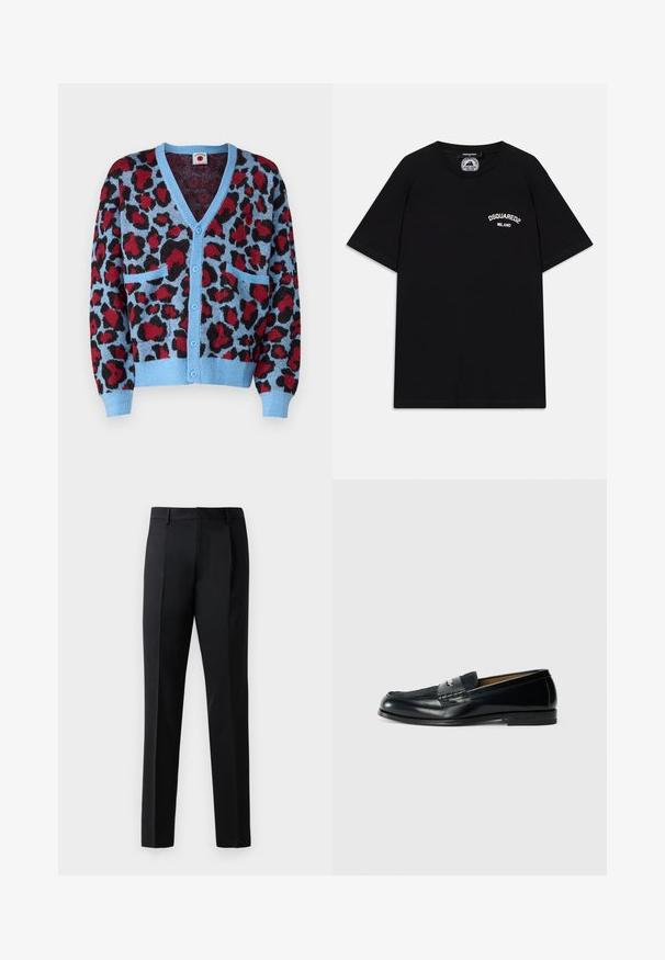 Knitted cardigan featuring a leopard print in red and black on a light blue background, with a V-neck and two front pockets.; Black cotton T-shirt with short sleeves, featuring white "DSQUARED2 MILANO" logo on the chest. Crew neck design, smooth texture.; Black formal trousers made of a smooth fabric, featuring a straight leg design, front pleats, and standard waistband without embellishments.; Black leather loafer with textured upper, braided accent, and smooth finish. Low profile heel and minimalistic design.