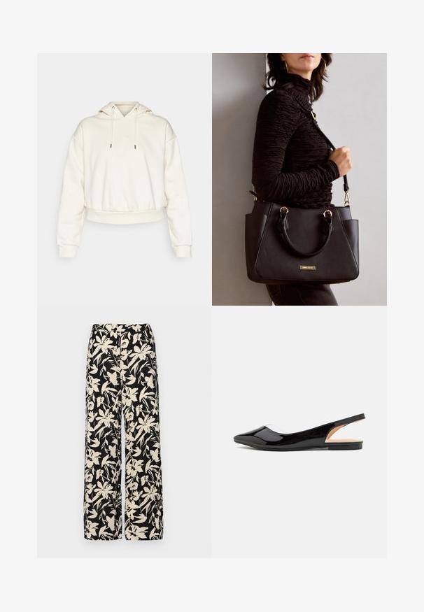 Guess STACIE HOODED - Hoodie - dove white; Sorte vide bukser med et cremet blomster mønster. Fremstillet af letvægtsstof, med en glat tekstur og en høj talje.; Sorte patentlæder slingback flade sko med spids tå, klar sidepanel og flad sål, der har en glat, blank finish.; Svart håndveske med teksturert overflate, doble topphåndtak og justerbar skulderrem. Har detaljer i gulltone og sidelommer.