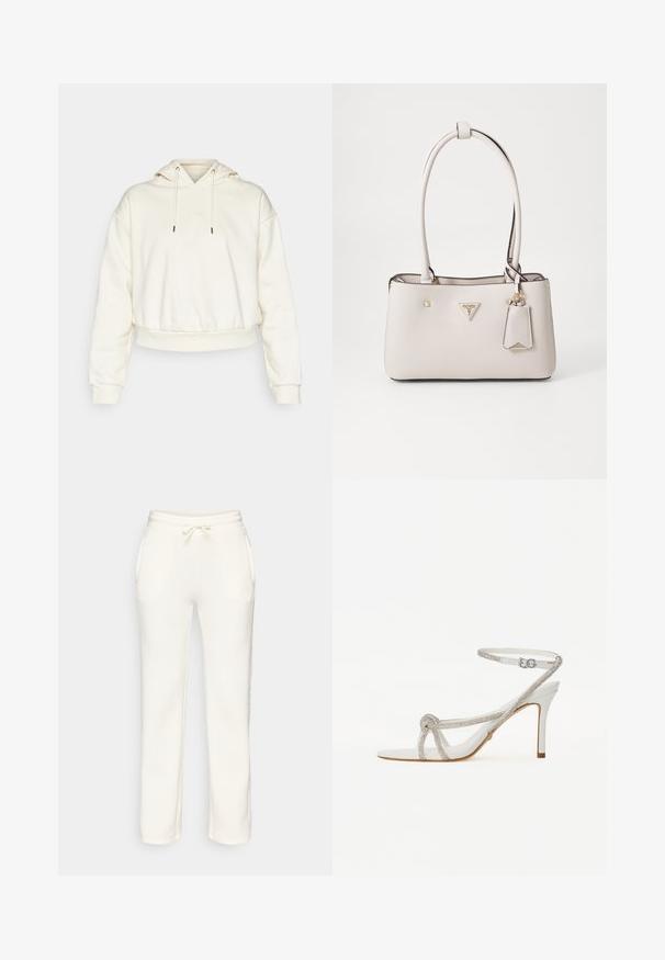 Guess STACIE HOODED - Mikina s kapucí - dove white; Bílé tepláky s elastickým pasem, stahovací šňůrkou a bočními kapsami, vystavené na jednobarevném pozadí.; Bílé sandály na vysokém podpatku s texturovaným páskem zdobeným rhinestony, otevřená špička a kotníkový pásek s nastavitelnou sponou.; Béžová kabelka z umělé kůže s hladkým povrchem, dvojitými popruhy na rameno, zlatými doplňky, logem a připojenou etiketou.