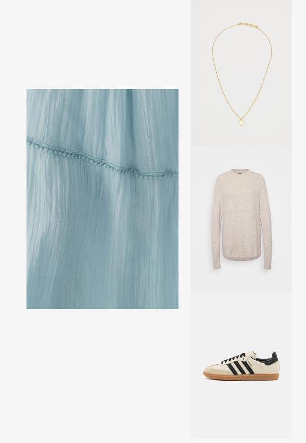 Jasno beżowy sweter robiony na drutach z okrągłym dekoltem, ściągaczem u dołu i długimi rękawami. Materiał ma miękki, teksturowany wygląd.; Jasnoniebieska sukienka wykonana z pomarszczonego materiału, ozdobiona koronkowym wykończeniem przy hemie. Tekstura jest miękka i przewiewna.; Beżowe buty sportowe z czarnymi paskami, gumową podeszwą i czarnymi akcentami. Posiadają górną część z gładkiej skóry oraz okrągły kształt noska.; Miękki, ciemnoszary torba-kosmetyczka z sztucznego futra, z zebranym górnym brzegiem i czarnymi sznurkami ściągającymi po obu stronach.; Złoty naszyjnik z delikatnym łańcuszkiem z małymi, równomiernie rozmieszczonymi koralikami oraz okrągłym wisiorkiem. Wisiorek ma gładką, odblaskową powierzchnię.