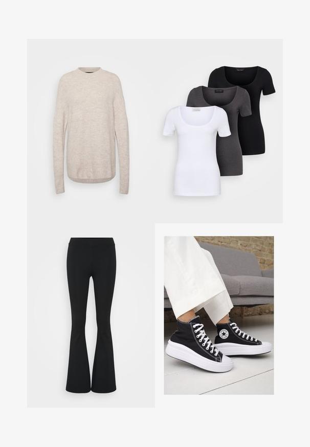 Lys beige strikket sweater med rund hals, ribbet kant og lange ærmer. Stoffet har et blødt, tekstureret udseende.; Tre tætsiddende T-shirts i hvid, grå og sort. Hver af dem har en bred scoop-udskæring og korte ærmer. Fremstillet af glat, strækbart stof.; Sorte flagrende bukser lavet af strækbart stof, med en høj talje og en glat tekstur. Bukserne flared fra knæet.; Sorte høj-top sneakers i lærred med hvide gummisåler og snørebånd. Har et rundt logo på siden og kontrasterende hvide syninger.