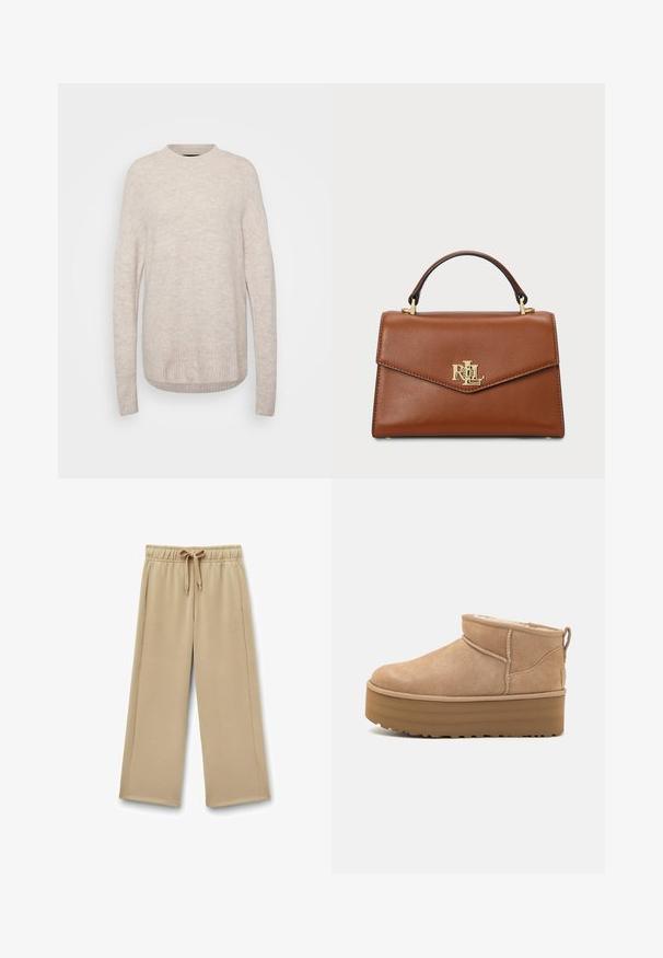 Light beige knitted sweater with a round neck, ribbed hem, and long sleeves. The fabric has a soft, textured appearance.; Beige wide-leg sweatpants with an elastic waistband, adjustable drawstring, and side pockets; soft fabric with a smooth texture.; Beige suede ankle boots with a plush interior, featuring a platform sole and a pull tab at the back for easy wear. Textured rubber outsole.; Brown leather handbag with a structured design, a top handle, gold hardware, and a logo accent on the front. Smooth texture.