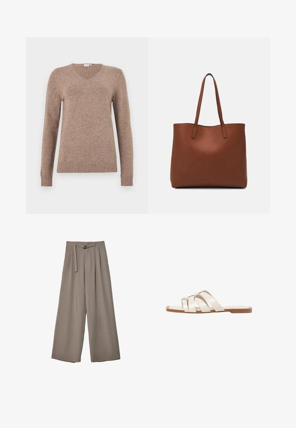 Pulover z V-izrezom v svetlo rjavi barvi, narejen iz mehkega materiala. Ima dolge rokave ter rebrast rob in manšete za dodatno teksturo. Preprost dizajn.; Široke hlače iz mehke, umirjene sive tkanine, z pasom, ki ga je mogoče zavezati, in z gubami za dodatne oblikovne podrobnosti. Gladka tekstura, brez vzorcev.; Ravne sandale s svetlo rjavim gumijastim podplatom, zasnovane s tremi prekrivajočimi se belimi usnjenimi trakovi in majhnim lokom na sredini.; Rjava usnjena torba z gladko teksturo, odprto zasnovo zgoraj in dvema naramnima trakovoma. Opremljena je z minimalnim šivanjem in brez vidnih kovinskih delov.