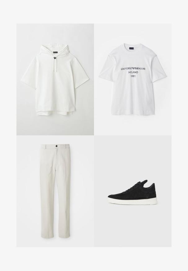 Hvit hettegenser med korte ermer, med snøring, fôret hette og en subtil lagdelt kant nederst. Mykt bomullsmateriale.; Hvit bomull T-skjorte med korte ermer, med "EMPORIO ARMANI MILANO 1981" i mørke grå bokstaver og en logo. Klassisk rund hals-design.; Beige rette benbukser med bæltestropper, frontknap og lynlås lukning, vist fladt på en hvid baggrund.; Sorte semskede sneakers med hvit gummisåle, med tonale sømmer og snøring. Glatt tekstur med en moderne, strømlinjeformet form.