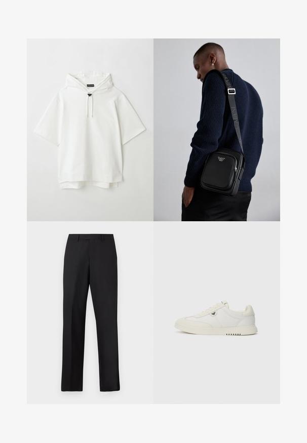 Fehér kapucnis pulóver rövid ujjakkal, húzózsinórral, bélelt kapucnival, és finoman réteges aljjal. Puha pamut anyag.; Fekete, egyenes szárú nadrág sima anyagból. Standard derékpánttal rendelkezik, és nincsenek látható minták vagy díszítések.; Alacsony szárú fehér tornacipő fűzős elejével, sima talppal és kis fémlogóval az oldalon, egyszerű háttér előtt bemutatva.; Fekete bőr keresztpántos táska cipzáras rekesszel, logó részlettel és márkázott állítható pánttal. Egy texturált tengerészkék pulóver mellett viselve.