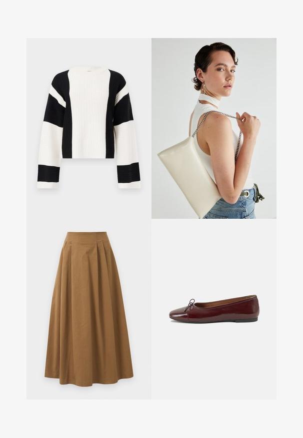 Ribbade, korta tröjor med svartvita ränder. Har vida ärmar och en rund halsringning, tillverkad av strukturerat stickat tyg.; Brun bomull A-linje kjol med hög midja, med veck ned längs framsidan och en mjuk textur. Sömmen är ren och enkel.; Burgunderfärgad lackläderballettskor med rund tå, liten rosettdekoration fram och en låg, svart gummisula. Slät textur.; Vitt rektangulärt clutch-väsk i glänsande material, med en kedjesnor i silver. Modellen poserar och visar upp väskan mot en neutral bakgrund.