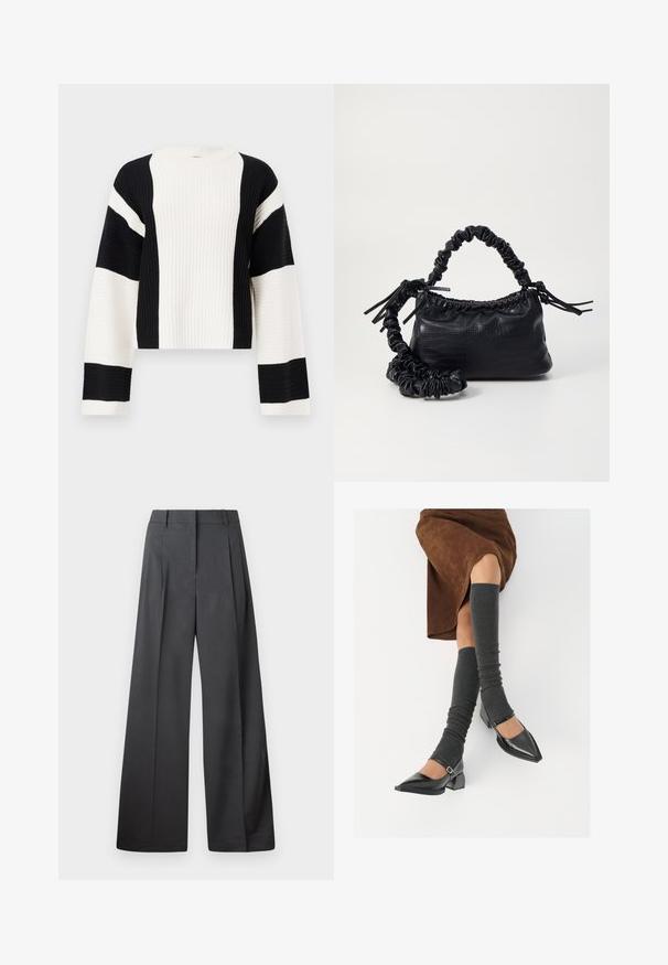 Riebota, īsā džemperis ar melnbaltiem svītrojumiem. Ar platām piedurknēm un apaļu kakla izgriezumu, izgatavots no tekstūras diegu auduma.; Platās kājas bikses tumši pelēkā audumā, ar augstu jostasvietu, ar vienu uzpūstu vīli un gludu tekstūru ar tīru apdari ap malām.; Melnas laka ādas apavi ar norādītu purngalu, blokveida papēdi un potīšu jostu, saskaņoti ar pelēkām ribotām kāju sildītājām un brūnu zamšādas svārku.; Melnā mākslīgās ādas rokassoma ar krokodila rakstu, savilkta augšdaļa un saburzīta siksna. Izskatās mīksta un kompakta pēc dizaina.