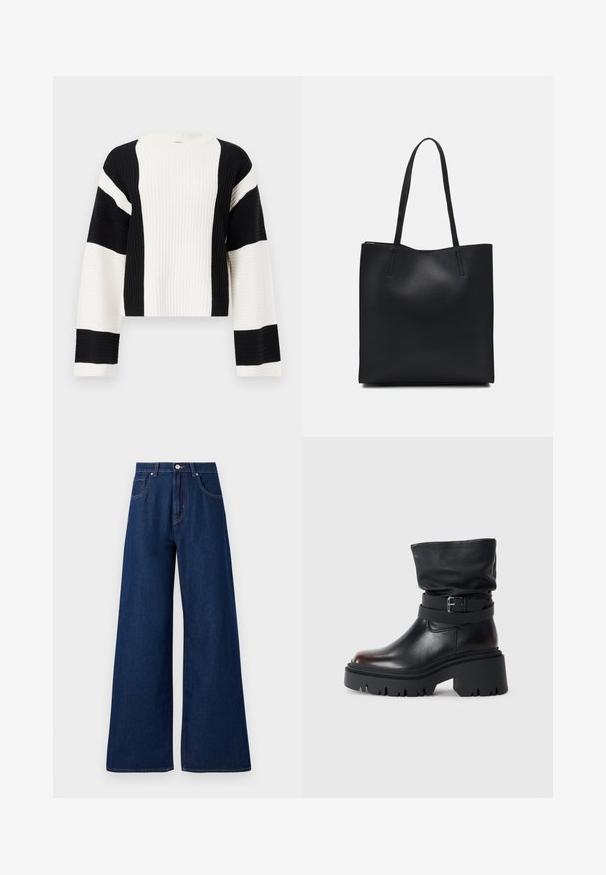 Raižytas, trumpas megztinis su juodais ir baltais dryžiais. Turintis plačias rankoves ir apvalią iškirptę, pagamintas iš tekstūruotos megztinės medžiagos.; Plačios kojos džinsai tamsiai mėlyna spalva. Yra tradicinė penkių kišenių konstrukcija, mygtuko uždarymas ir kontrastingas siuvinėjimas. Lygus paviršius.; Juodas odinis kulkšninis botas su laisva viršūne, sagtimi ir storu, tvirtu padu. Yra apvalus pirštas ir lygus paviršius.; Juodas odinis tote krepšys su lygia tekstūra, stačiakampio formos ir dviem ilgais rankenomis. Matomų metalinių detalių ar puošybos nėra.