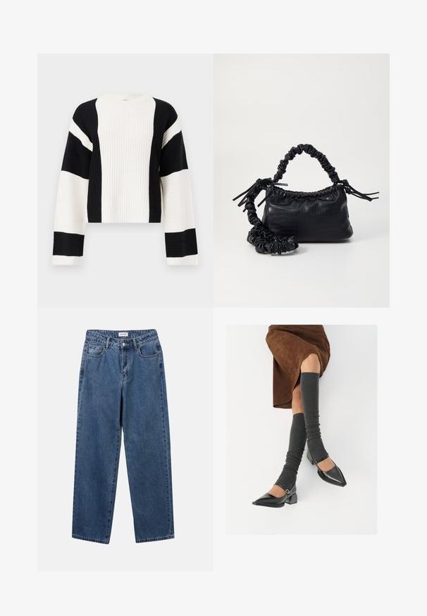 Ribbet, cropped genser med svart og hvit stripe. Har brede ermer og rund hals, laget av teksturert strikket stoff.; Klassiske blå denimjeans med rett ben-design, fem lommer og knappelukking. Har en middels vask og solid tekstur.; Sorte lakkpumps med spiss tå, blokkhel, og ankelstropp, kombinert med grå ribbestrikkede beinvarmere og et brunt semsket skinn skjørt.; Svart faux skinn-håndveske med krokodilletekstur, strammet topp og en rynket stropp. Ser myk og kompakt ut i designen.