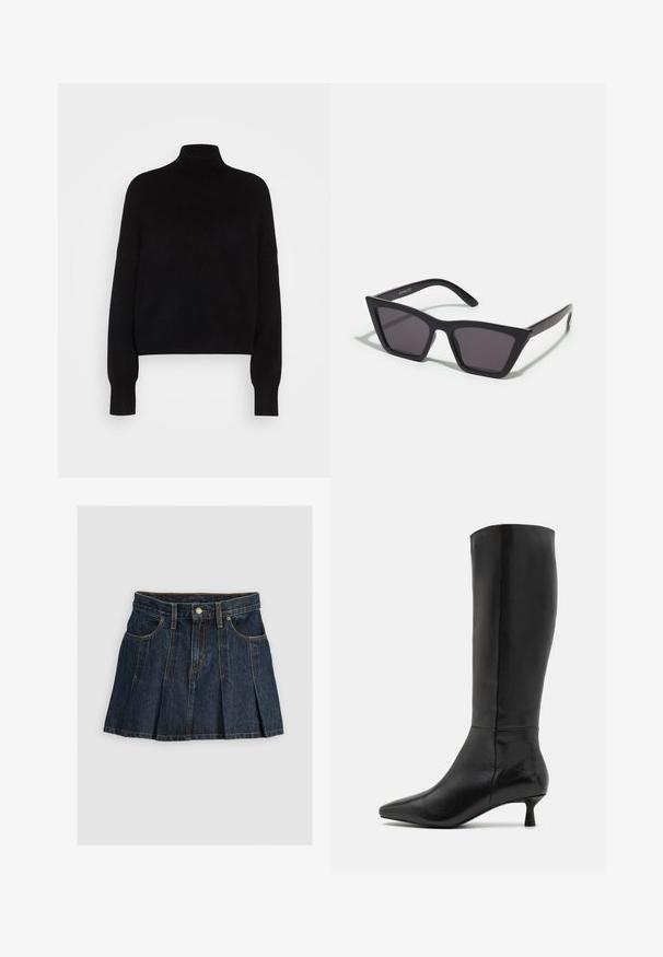 Black turtleneck sweater with long sleeves, cropped design, knitted texture, and fitted cuffs. Simple, solid color without patterns.; Denim pleated skirt in dark blue with a fitted waistband, front pockets, and contrast stitching. Features a metal button and zipper closure.; Zign Boots - black; Black, angular sunglasses with gray lenses; made of plastic, featuring thick arms with a smooth surface and no visible hardware.; Black suede clutch bag with a zip closure and detachable wrist strap. Features gold-tone hardware and a smooth, matte texture.