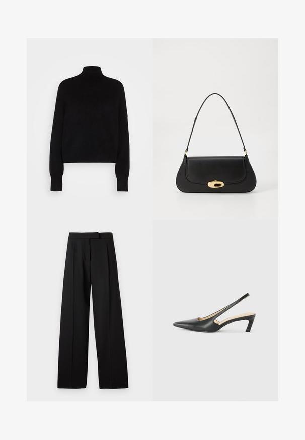Svart høyhalset genser med lange ermer, kort design, strikket tekstur og tettsittende mansjetter. Enkel, ensfarget uten mønstre.; Sorte vidde bukser med en jevn tekstur, med flat foran og skreddersydd liv. Enkel design uten synlig maskinvare eller mønstre.; Svart spiss tå slingback-sko med lav hæl, laget av jevnt skinnmateriale og med utskåret design på siden for pusteevne.; Svart lærveske med en buet design, gullfarget hardware og et håndtak på toppen. Har en elegant lukking og glatt tekstur.