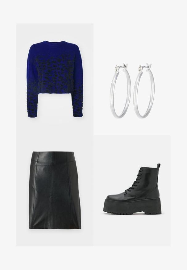 Sinine lühike sviiter musta leopardi mustriga, kootud tekstuur, ümar kaelus ja pikad varrukad. Pehme, karvane kangas.; Mustast nahast seelik, millel on kohandatud disain. Sile tekstuur, õmblused, mis rõhutavad vormi, ja sirge äär. Minimalistlik ja stiilne välimus.; Mustad mustad kingad paksu platvormi tallaga, valmistatud siledast nahast, nööpide ja taga tõmbeauguga.; Hõbedased rõngaskõrvarõngad, millel on sile, läikiv viimistlus. Ümmargune kuju ja turvaline klõpsulatus. Kerge disain, sobib igapäevaseks kandmiseks.
