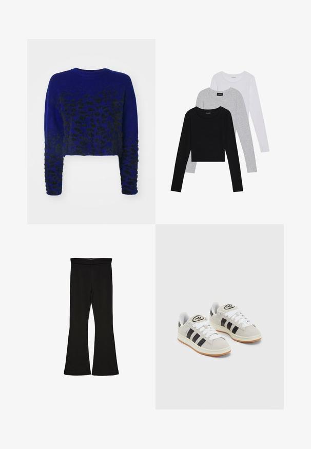 Sinine lühike sviiter musta leopardi mustriga, kootud tekstuur, ümar kaelus ja pikad varrukad. Pehme, karvane kangas.; Kolm pikkade varrukatega toppi, mis on üksteise peale asetatud: must, hall ja valge. Igal ühel on ümar kaelus ja lühike disain, valmistatud siledast, kergekaalulisest kangast.; Mustad mustad sääred, mis on valmistatud venivast kangast. Omab laia vööd ja siledat tekstuuri, sobituv siluett, mis laieneb allservas.; Hallid hallid nahkrennid valgete paeltega, mustade triipudega ja valge kummitaldiga. Omab ümmargust logo keeles ja kummitalda.