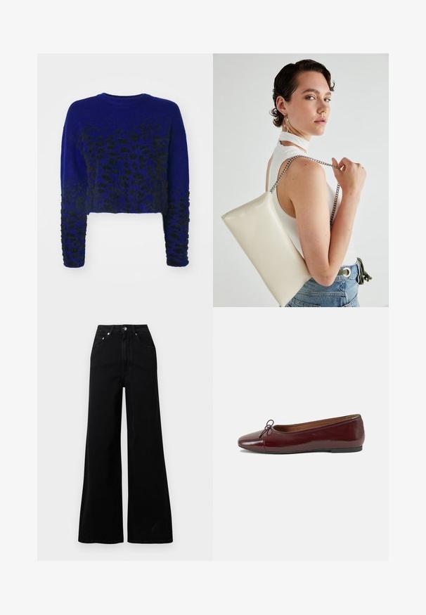 Blå kort tröja med svart leopardmönster, stickad struktur, rund halsringning och långa ärmar. Mjuk, fluffig tyg.; Svarta jeans med vida ben i denim, med hög midja, fem fickor, knäppning framtill och minimalistiska söm-detaljer.; Burgunderfärgad lackläderballettskor med rund tå, liten rosettdekoration fram och en låg, svart gummisula. Slät textur.; Vitt rektangulärt clutch-väsk i glänsande material, med en kedjesnor i silver. Modellen poserar och visar upp väskan mot en neutral bakgrund.