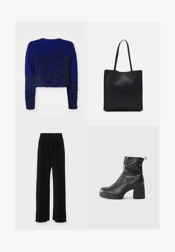 Modra skrajšana jopica z črnimi leopardjimi vzorci, pletena tekstura, okrogla izreza in dolgi rokavi. Mehka, puhasta tkanina.; Črne plisirane hlače z elastičnim pasom. Imajo široke noge in gladko, teksturirano tkanino z navpičnimi črtami.; Črne gležnjarje iz gladke kože z božnim zadrgo, masivnim teksturiranim peto in zaobljeno obliko prstov.; Črna usnjena torba s svilnato teksturo, pravokotne oblike in dvema dolgima ročajema. Brez vidnih metalnih delov ali okrasnih elementov.