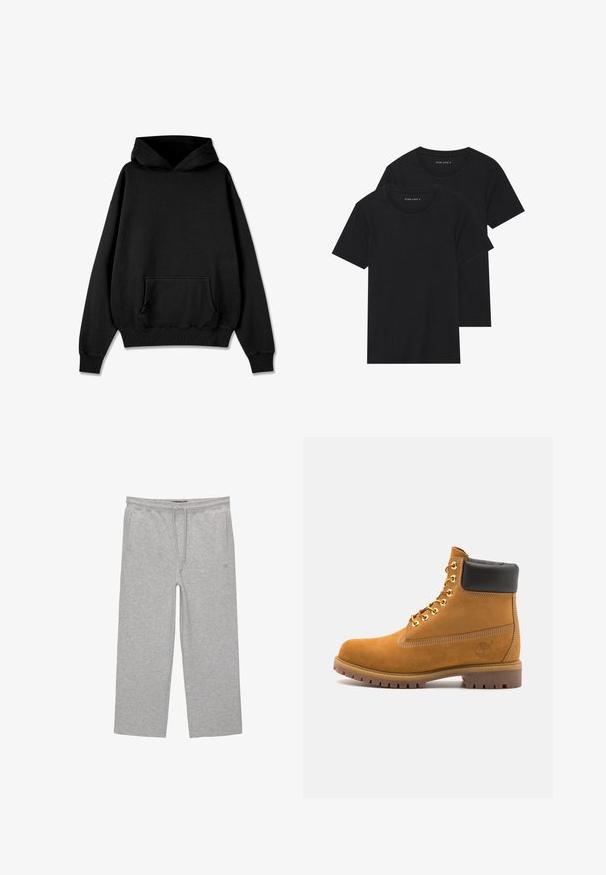 Pegador LOGO  - Melegítőfelső - vintage black black; Két fekete pamut póló, rövid ujjú, kerek nyakkivágással és sima textúrával, egymásra rakva bemutatva.; Szürke pamut loungewear nadrág elasztikus derékkal, zsinórral és két oldalsó zsebbel; egyenes lábú kialakítás, puha textúra, minta nélkül.; Barna velúr bokacipő fekete párnázott gallérral, arany fém fűzőlyukakkal, fehér varrási részletekkel és durva gumitalppal, amelynek kifejezett barázdái vannak.