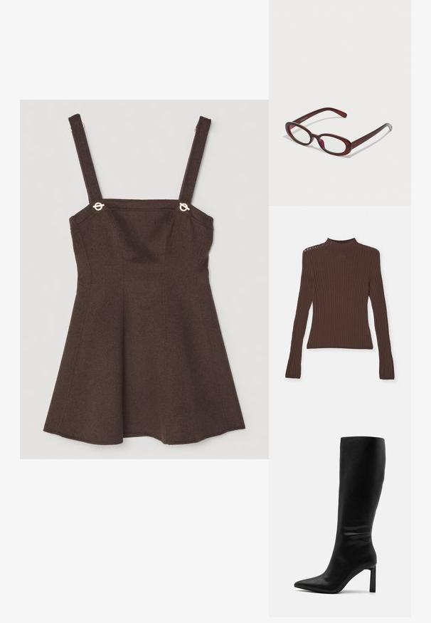 Bruine langemouwen geribbelde trui met een hoge hals. Heeft verticale patronen en een nauwsluitend ontwerp. Zachte textuur en rekbaar materiaal.; Bruine mouwloze jurk met verstelbare bandjes, voorzien van goudkleurige hardwareaccenten en een uitlopende A-lijn ontwerp. Wolmix textuur.; Even&Odd Laarzen - black; Ovaalvormige rode zonnenbril met heldere lenzen en slanke bruine montuur. Het ontwerp heeft subtiele rondingen en minimale hardware.