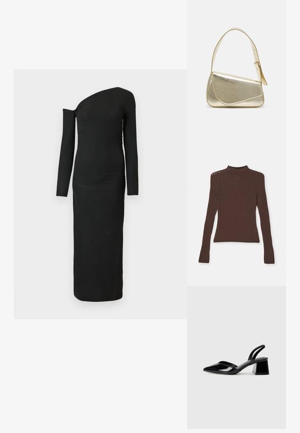 Pull en maille côtelée marron à manches longues et col montant. Présente des motifs verticaux et une coupe ajustée. Texture douce et matériau extensible.; Robe noire, ajustée, à manches longues avec un décolleté asymétrique et un détail froncé sur le côté, réalisée en tissu côtelé.; Escarpins en cuir verni noir avec bout pointu et talon bloc géométrique. Présente un design élégant et minimaliste ainsi qu'une texture lisse.; Sac à main en métal doré avec un design structuré, texture lisse et bandoulière ajustable. Présente une forme triangulaire unique et des coutures minimalistes.
