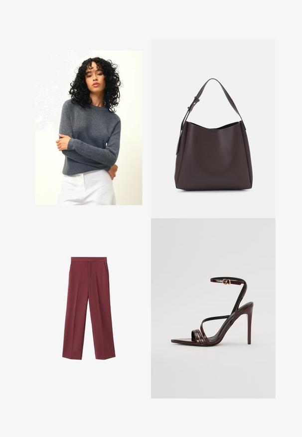 Authentic Cashmere ECRIN - Jersey de punto - mottled anthracite; Pantalones de pierna ancha color burdeos con una textura suave, que cuentan con bolsillos laterales y un diseño de cintura alta. Con un pliegue frontal limpio.; Sandalia de tacón alto de charol burdeos con tira en el tobillo, punta afilada y tres tiras horizontales en el pie. Detalle de hebilla en tono dorado.; Vero Moda VMLANE - Bolso shopping - chocolate torte