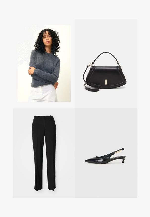 Authentic Cashmere ECRIN - Strickpullover - mottled anthracite; Schwarze, taillierte Hose mit geradem Bein, aus einem glatten Stoff und mit klaren Falten an der Vorderseite. Keine sichtbare Hardware.; Schwarze Leder-Slingback-Pumps mit spitzem Schuhblatt, ausgestattet mit einem schlanken Absatz und einem goldfarbigen Akzent am verstellbaren Riemen. Glatte Textur.; Schwarze Lederhandtasche mit einem strukturierten Design, das eine verkürzte Form, einen oberen Griff und goldfarbene Hardware-Details aufweist. Verstellbarer Schulterriemen ist enthalten.