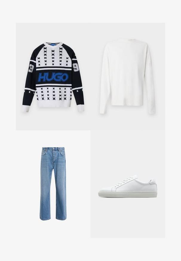 Fekete-fehér kötött pulóver geometrikus mintákkal, kiemelkedő kék logóval és számokkal díszített (3 és 9) az ujjakon. V nyakú kialakítás.; Hosszú ujjú fehér pamut ing kerek nyakkivágással, az alján oldalsó hasítékokkal és sima textúrával, hátulról bemutatva.; Világoskék farmernadrág, egyenes szárú fazonnal, öt zsebbel, gombos záródással, minimális kopással és kontrasztos varrással.; Fehér sportcipő sima bőr felső résszel és alacsony profilsal. Kerek orr, hat fűzőlyuk és barázdált gumitalp jellemzi.