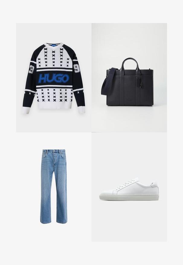 Czarny i biały sweter z dzianiny w geometryczne wzory, z wyraźnym niebieskim logo i numerowanymi akcentami (3 i 9) na rękawach. Model z dekoltem w serek.; Jasnoniebieskie dżinsy o prostym kroju, pięć kieszeni, zapięcie na guzik, minimalne blaknięcia i kontrastowe wykończenia szwów.; Białe sneakersy z gładką skórzaną cholewką i niskim profilem. Posiadają okrągły nos, sześć dziurek na sznurówki oraz teksturowaną gumową podeszwę.; Ciemnogranatowa skórzana teczka z podwójnymi rączkami u góry i odpinanym paskiem. Posiada teksturowane wykończenie, pionowe przeszycia oraz detal z logo.