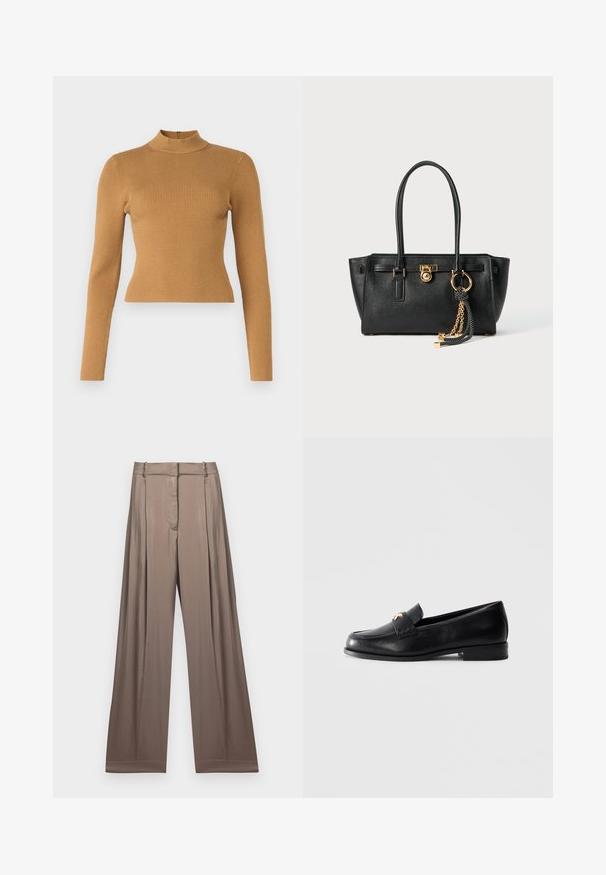 Haut col roulé côtelé de couleur brun chaud. Il dispose de manches longues, d'une coupe ajustée et d'une petite fermeture éclair au dos. Texture lisse.; T-shirt blanc court en coton, avec des manches courtes et le logo "MICHAEL KORS" brodé ton sur ton à l'avant.; Pantalons à jambes larges de couleur taupe apaisée, fabriqués en tissu lisse avec une finition satinée. Dotés d'une taille cintrée et de plis subtils.; Mocassin en cuir noir avec un petit talon et un emblème décoratif en or sur la sangle, présenté sur un fond gris clair uni.; Sac à main en cuir noir avec double anses, serrure dorée et détails en chaîne, et accessoire à pompon noir et blanc sur fond blanc.