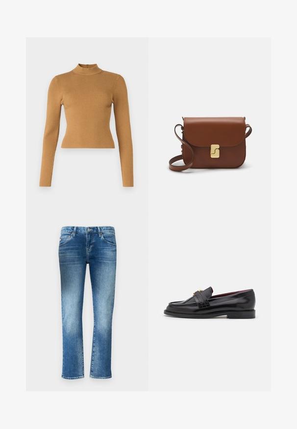 Rippstrick-Turtleneck-Oberteil in warmem Braun. Mit langen Ärmeln, figurbetontem Schnitt und kleinem Reißverschluss im Rücken. Angenehme Textur.; Hellblaue Jeans aus Denim mit geradem Bein, subtiler Ausbleichung und mittelhoher Taille. Verfügt über fünf Taschen und Gürtelschlaufen.; Schwarze Lederloafers mit einem gestickten Muster, glatter Textur, goldenen Schnallendetails und einer runden Zehenform, auf einer niedrigen schwarzen Sohle.; Braune Ledertasche mit Klappenverschluss, Beschlägen in Goldfarbe, einem Schultergurt und einer glatten Oberfläche. Kompakte rechteckige Form.