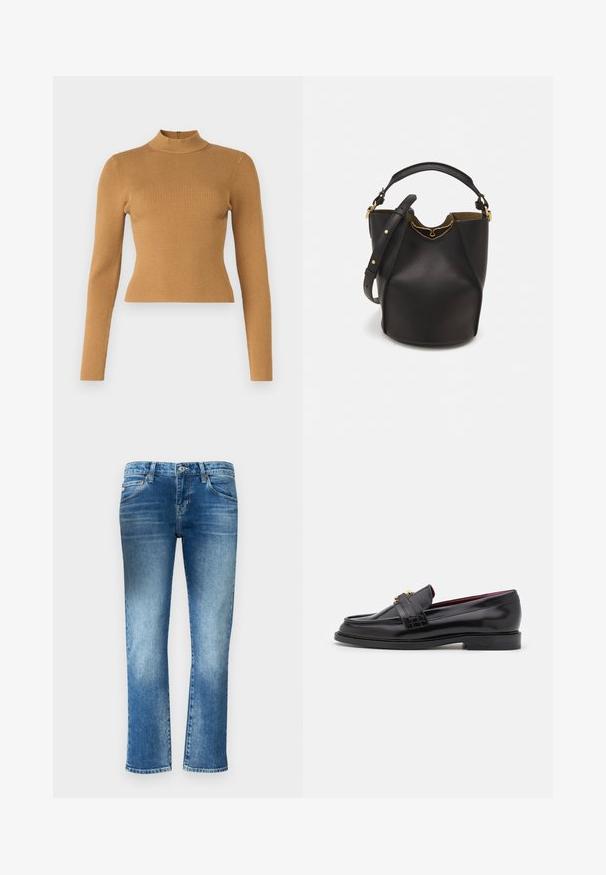 Ribovaná roláková blúzka v teplej hnedej farbe. Má dlhé rukávy, priliehavý strih a malý zips na chrbte. Hladká textúra.; Svetlomodré džínsy s rovnými nohavicami, s jemným opotrebovaním a stredne vysokým pásom. Obsahujú päť vreciek a pútka na opasok.; Čierne kožené mokasíny sošitým vzorom, hladkou textúrou, detailom zlatého pracky a zaoblenou špičkou, posadené na nízkej čiernej podrážke.; Čierna kožená vedro taška s textúrovaným povrchom, zlatými kovovými detailami a otvoreným vrcholom. Obsahuje krátku rukoväť a nastaviteľný ramenný popruh.