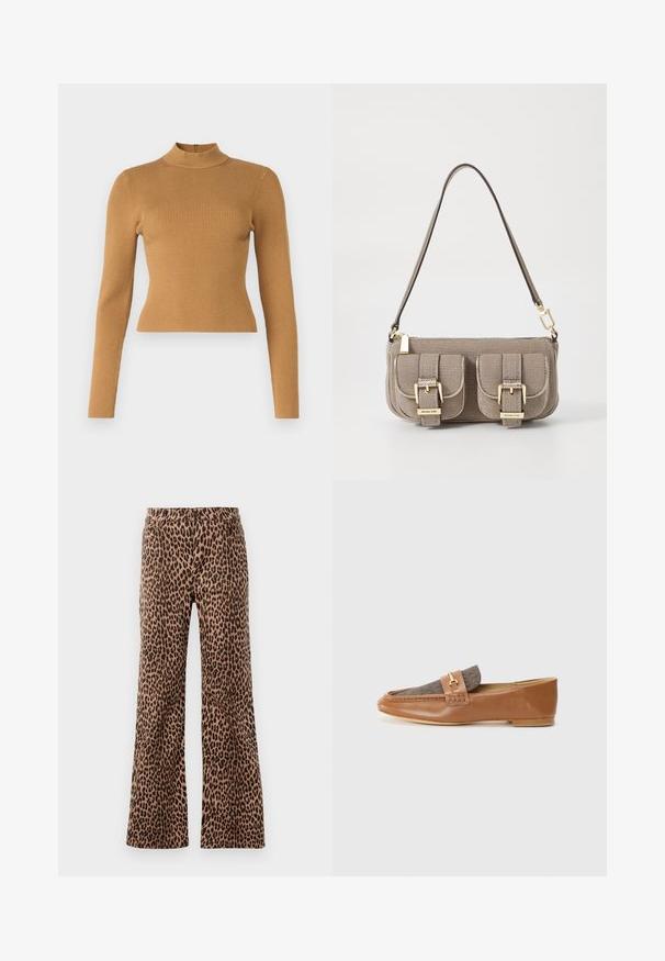 Ribbet højhalset top i varm brun. Har lange ærmer, et tætsiddende design og en lille lynlås bagpå. Glat tekstur.; Bredde bukser med leopardprint i beige og sort, der har en glat tekstur og tapered kant. Designet med standard talje og lommer.; Brune læder loafers med et tekstureret brunt stofpanel og guldfarvet hardware detaljer. Smal profil og syet pynt på siderne.; Beige tekstureret håndtaske med justerbar rem, to forreste lommer sikret med spænder og guld hardware detaljer. Lynlåslukning på toppen.
