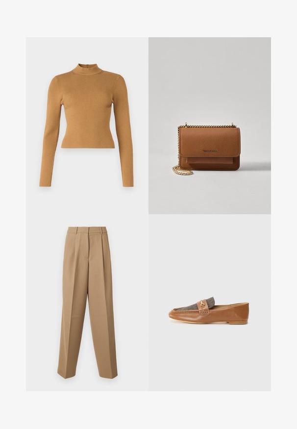 Geribbelde coltrui in warm bruin. Met lange mouwen, een aansluitend ontwerp en een kleine rits aan de achterkant. Soepele textuur.; Beige op maat gemaakte broek met een hoge taille, geplooide voorkant en wijde pijpen. De stof lijkt glad met een lichte glans.; Bruine leren instappers met een getextureerd bruin stoffen paneel en gouden hardwareaccent. Smalle profiel en gestikte details aan de zijkanten.; Bruine lederen schoudertas met textuur, voorzien van een gouden kettingstrap en klepsluiting. De voorkant heeft een logo-detail en een zak onder de klep.