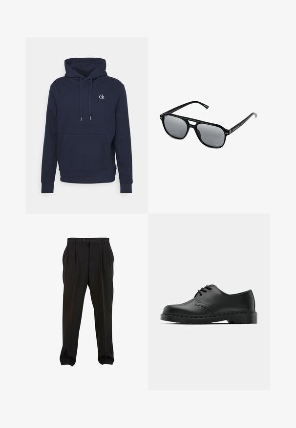 Navy pullover huppari, joka on valmistettu pehmeästä kankaasta ja jossa on kengurupocket, nyörit ja pieni valkoinen logo rinnassa.; Mustat housut sileällä kankaalla, etupuolelta laskostetut, napilla varustettu vyötärö ja kapenevat nilkkaleikat. Klassinen hyvin istuva siluetti.; Musta nahkainen oxford-kengät, joissa on nauhakiinnitys, pyöreä kärki, litteä kumipohja ja hillitty ompelutaito yläosassa.; Mustat aurinkolasit suorakulmaisilla kehyksillä, harmaasävyisillä linsseillä ja siltaleikkauksella. Tyylikäs, kiiltävä muovimateriaali, kapeilla temppeleillä.