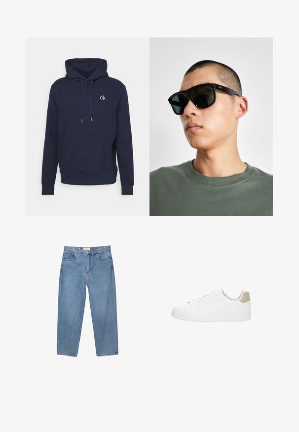 Mornarsko plava pulover s kapuljačom napravljen od mekanog materijala s kenguruh džepom, vezicama i malim bijelim logom na prsima.; Svijetloplave traperice ravnog kroja, s pet džepova i vidljivom oznakom branda na pojasu.; Bijele tenisice s glatkim kožnim gornjištem i okruglim vrhom. Imaju bež zamšastu petu, ravne vezice i bijeli gumeni potplat.; Crne pravokutne sunčane naočale s tamnim lećama, koje imaju upečatljiv oblik i brend na ručki. Nosene od strane osobe u zelenoj košulji.