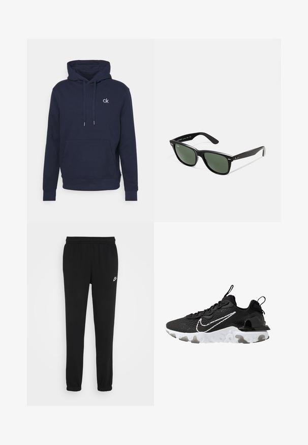 Námořnický pulover s kapucí vyrobený z měkké tkaniny, obsahující klokaní kapsu, šňůrky a malé bílé logo na hrudi.; Černé tepláky s elastickým pasem, manžetami na kotnících a malým bílým logem Nike na levé straně. Vyrobené z měkké texturované tkaniny.; Černá sportovní bota s texturovaným textilním svrškem, bílým logem Nike a silnou bílou podrážkou. Obsahuje poutko na patě pro snadné obouvání.; Černé plastové sluneční brýle se zelenými skly, čtvercové obroučky, stříbrný detail na obočí a texturované stranice. Značka uvedená na vnitřní straně stranic.