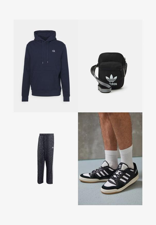 Tamsiai mėlyna pūkinė bliuzono su kapišonu iš minkštos medžiagos, turinti kengūros kišenę, raištelius ir nedidelį baltą logotipą ant krūtinės.; Juodi sportiniai keliai su leopardų raštu, su baltu trijų juostų dizainu ir sportinės prekinio ženklo logo šone.; Juodos ir baltos sportinės bateliai su zomšiniu ir odiniu viršumi, su trimis baltomis juostelėmis, perforuota koja ir guminėmis padais.; Juodas audinio per petį nešiojamas krepšys su užtrauktuku, turintis baltą Adidas logotipą ir dryžuotą reguliuojamą diržą patogiam nešiojimui.