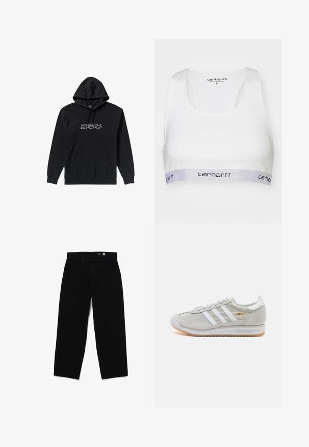 Felpa nera con tasca frontale e cappuccio con coulisse, con il logo bianco Volcom Snow centrato sul petto, realizzata in tessuto morbido.; Bra sportivo bianco con tessuto liscio, design a dorso scoperto e una banda elastica grigia con il logo Carhartt in nero. Taglia piccola.; Jeans dritti in denim nero con chiusura a bottone, cinque tasche e una texture liscia. Etichetta visibile all'interno della cintura che mostra la taglia 32.; Sneaker grigio chiaro realizzato in suede e rete, con tre strisce bianche, punta arrotondata e suola in gomma color caramello. Accento del logo dorato vicino ai lacci.