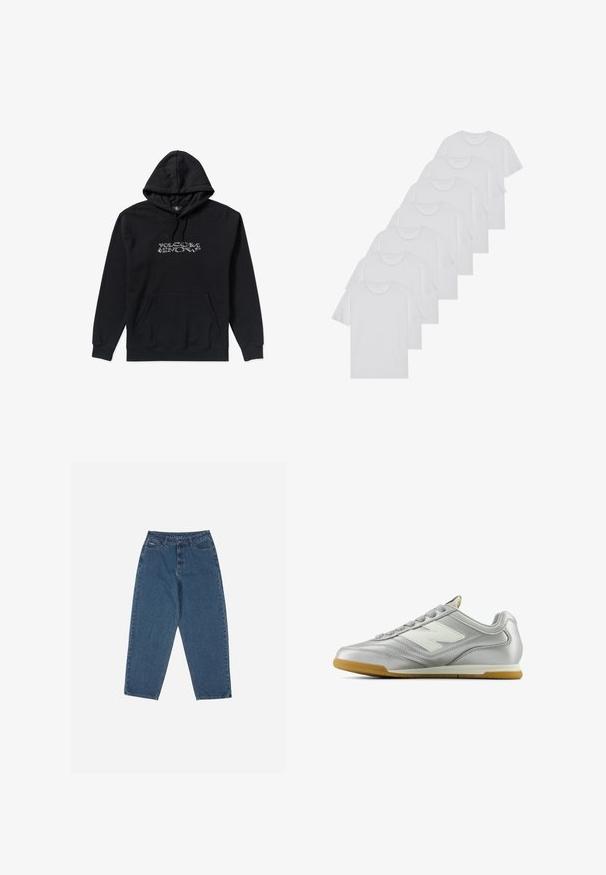 Hoodie noir avec une poche avant et une capuche à cordon, ornée d'un logo Volcom Snow blanc centré sur la poitrine, fabriqué en tissu doux.; T-shirts en coton blanc, à manches courtes, design col rond, texture uniforme, empilés en rangée, avec un logo subtil au niveau de l'encolure.; Jean en denim bleu avec une coupe décontractée, taille haute, design à cinq poches et accents de couture. Dispose d'une fermeture par bouton et fermeture éclair.; Chaussure de sport argentée avec une surface lisse et brillante, logo blanc sur le côté, lacets gris texturés et semelle en caoutchouc gomme.